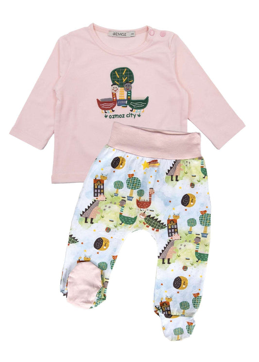 Organic Dino Printed Baby Set with long sleeve top and bottom with bootie for girls